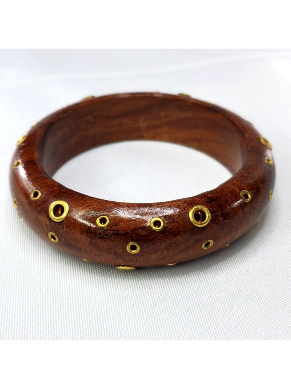 VTG Handcrafted Wooden Bangle With Brass Inlays 7.5" Brown & Gold Boho Style